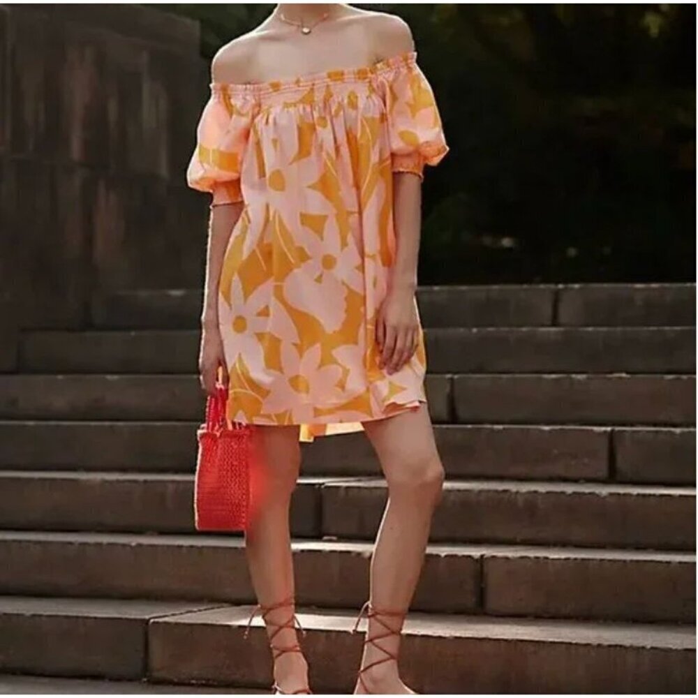 Free People Mila Printed Mini Dress in Tangerine Combo Orange & Pink Size L